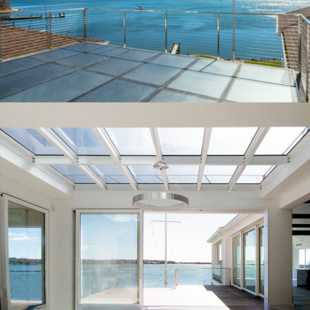 Two angles of an outdoor deck with glass skylights inlaid into the ground