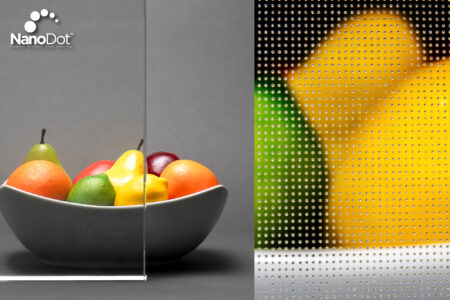 NanoDot-textured glass panel with fruit bowl for scale, highlighting superior non-slip glass flooring technology and aesthetic appeal.