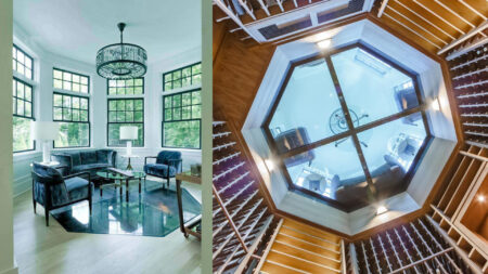 A hexagonal glass floor design that doubles as a wine cellar ceiling, offering a unique perspective from above and below.