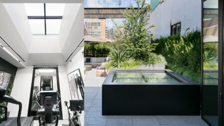 Split image showing a modern gym with skylights on the left and a lush rooftop garden with a walkable skylight on the right.