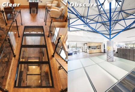 Side-by-side comparison of clear and obscure glass flooring options, highlighting differences in transparency and texture for design and privacy preferences.