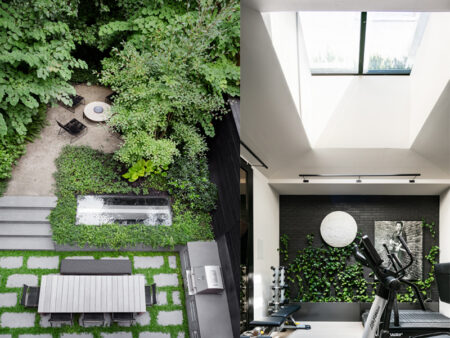 Split view of an indoor gym with a glass skylight and an outdoor garden featuring a walkable glass floor surrounded by lush greenery.