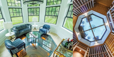 Hexagon-shaped glass floor in sitting area above wine cellar, viewed from both above and below.