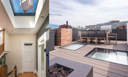 Side-by-side view of a skylight over a stairwell and a rooftop deck with built-in glass panels in the floor.
