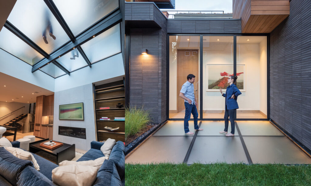 A view from inside a living room looking up at people walking across a frosted glass ceiling above.