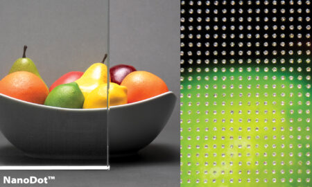 A side-by-side view of clear glass and NanoDot™ anti-slip texture shows the effect on light diffusion over a bowl of fruit.