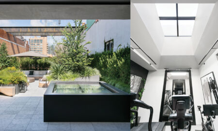 A rooftop terrace with glass flooring next to greenery, alongside an interior view of a walkable skylight above a home gym.