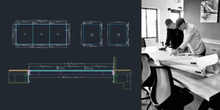 Side-by-side split image showing architectural blueprints on the left and two professionals reviewing construction plans in a modern office on the right.