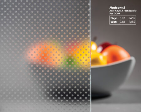 A patterned glass sample with raised dots is shown in front of a blurred fruit bowl, demonstrating dry and wet slip resistance test results.
