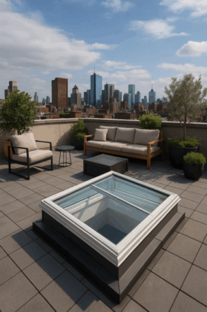 A rooftop terrace with lounge seating surrounds a raised glass skylight, offering views of a city skyline under a partly cloudy sky.