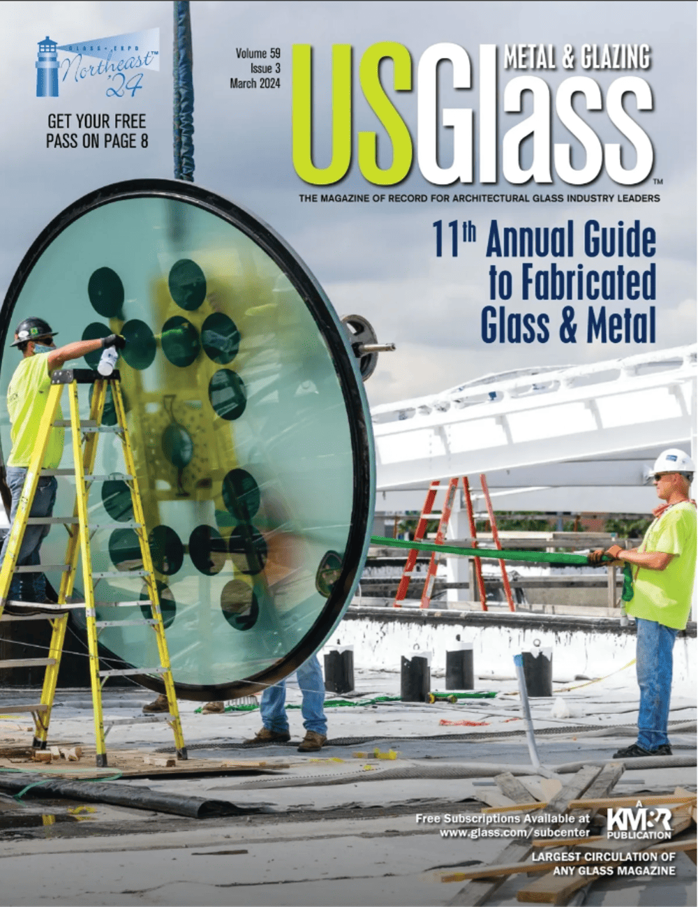 A magazine cover featuring an architectural glass being installed in a building.
