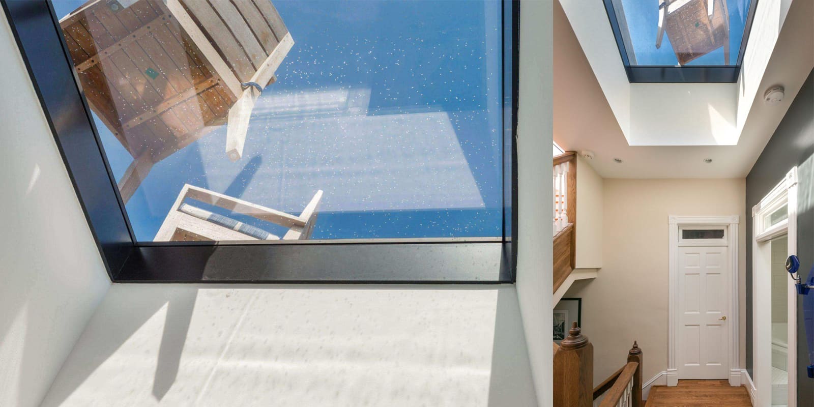 A close-up view looking upward through a clean glass floor or skylight, showing sunlight and shadows from the room above.