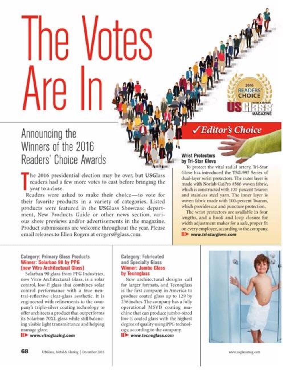 Magazine article layout discussing industry awards for laminated glass products.