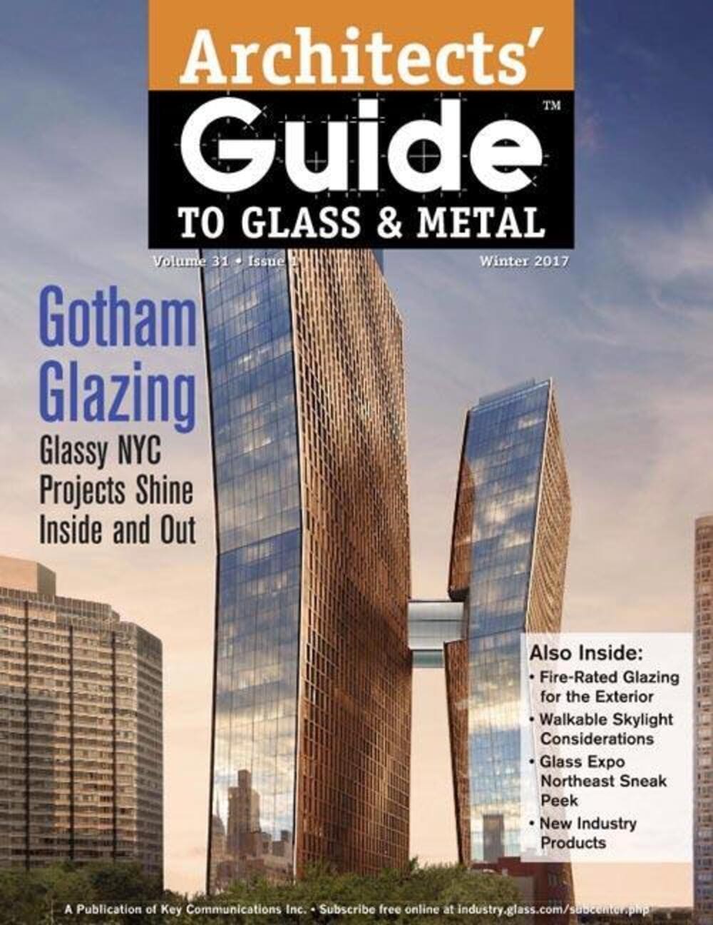 Architecture magazine showing a tall modern building with glass and metal exterior design.