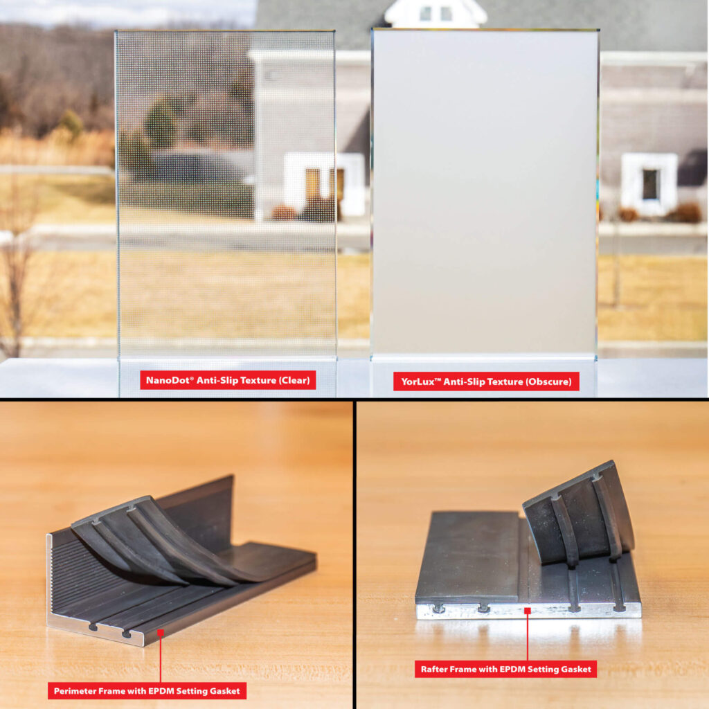Included with Sample kit: NanoDot Anti-Slip Texture (Clear), YorLux Anti-Slip Texture (obscure), Perimeter frame with EPDM Setting Gasket, and Rafter Frame with EPDM Setting Gasket