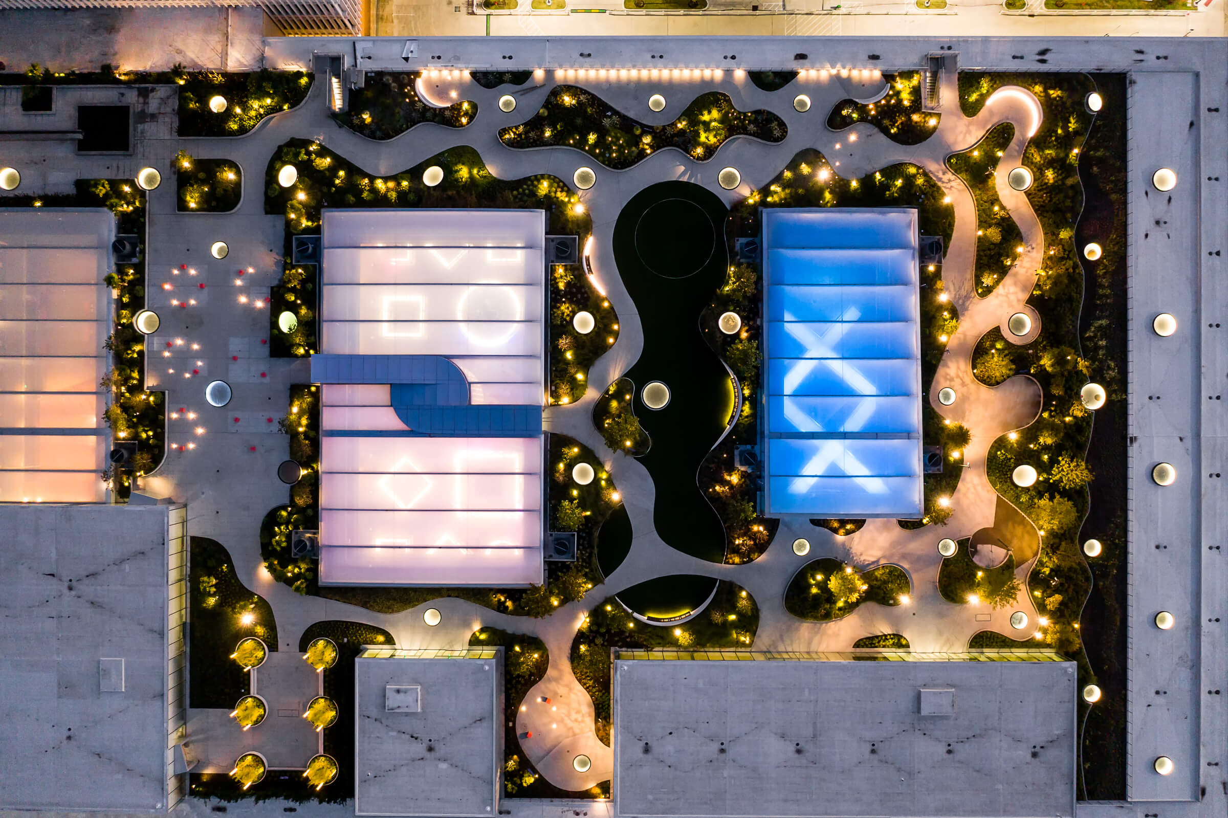 jumbo skylights from above on two large buildings