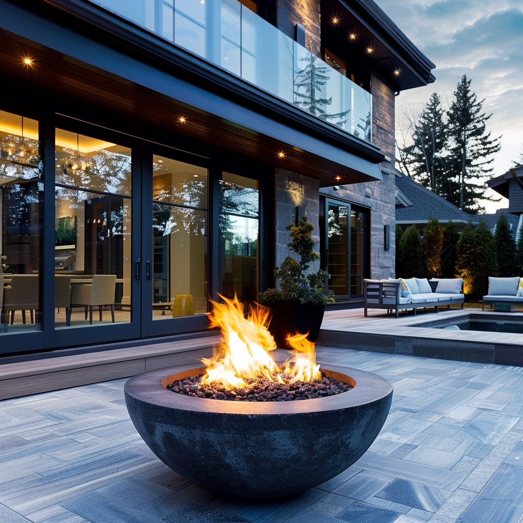 Outdoor patio with fire pit beside a modern home with large windows.