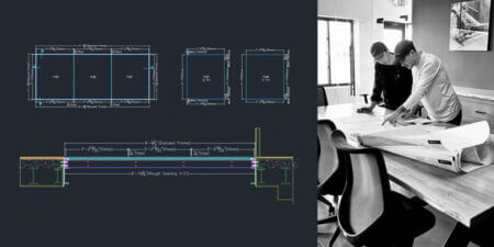 Side-by-side split image showing architectural blueprints on the left and two professionals reviewing construction plans in a modern office on the right.