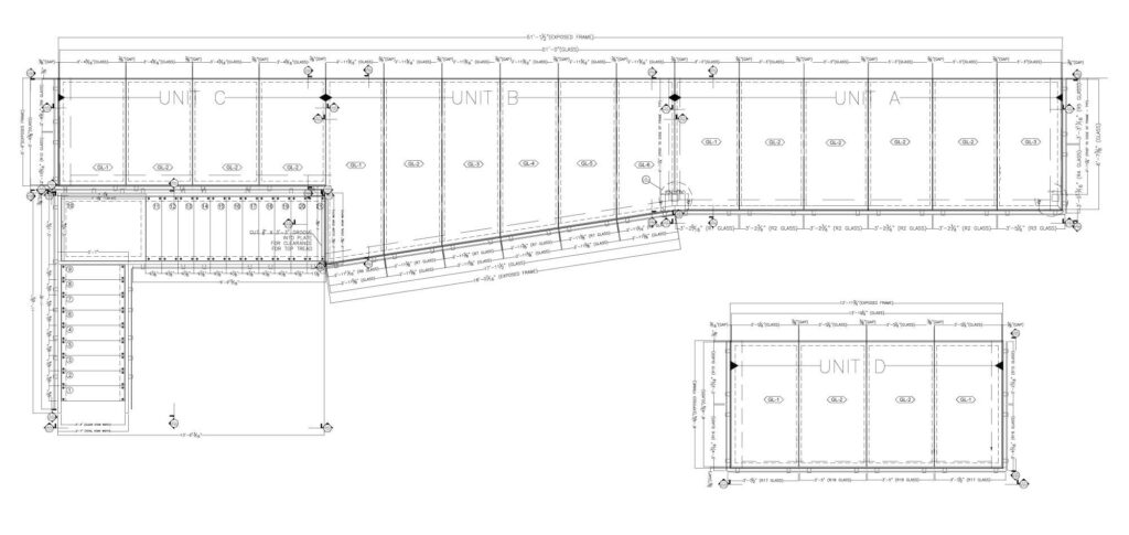 Engineering plan drawing of the Lake Mendota structural glass deck showing Units A, B and C, the staircase and balcony Unit D with panel layout